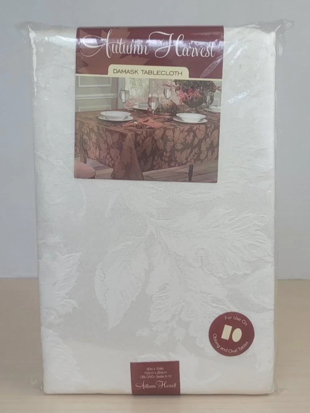 Autumn Harvest Ivory Leaf Pattern Oblong and Oval Damask Tablecloth 60